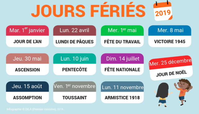 Calendrier des jours fériés en 2019 - plus de détails dans le texte suivant l’infographie