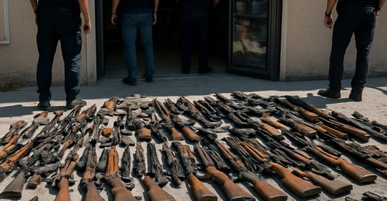 Environ 300 armes prohibées découvertes chez un armurier près de Marseille.